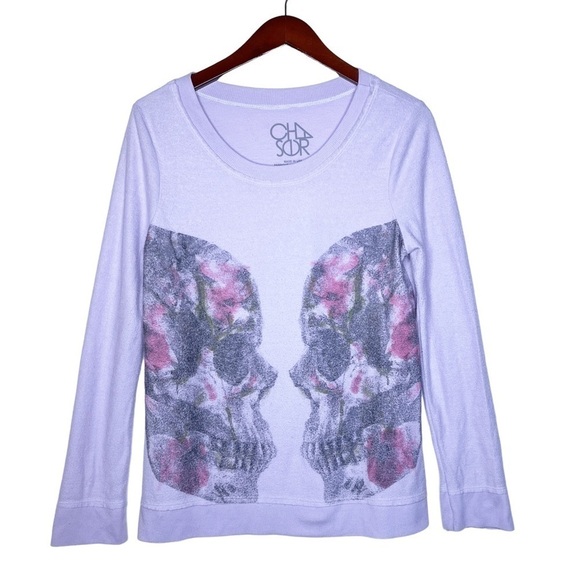 Chaser Twin Skulls Crew Neck Sweatshirt Top Size Medium in Pale Lavender - Picture 2 of 16